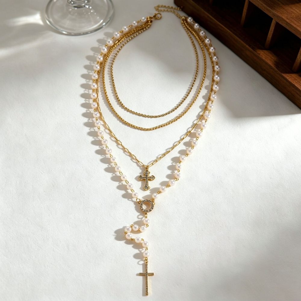 Elegant Layered Cross Pendant  - Layered Pendant Necklace Aesthetic ulasan dan harga