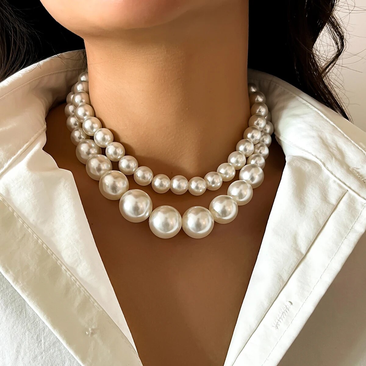 2Pcs/Set Exaggerated Big Imita - Pearl Choker Necklace Vintage ulasan dan harga