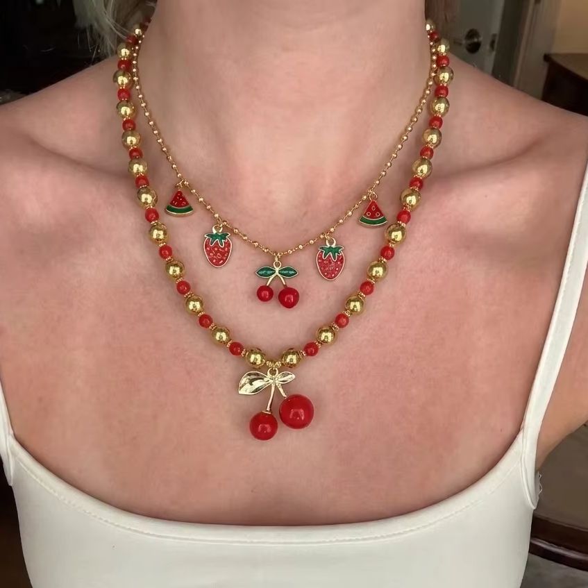 Sweet Red Cherry Strawberry He - Layered Pendant Necklace Aesthetic ulasan dan harga