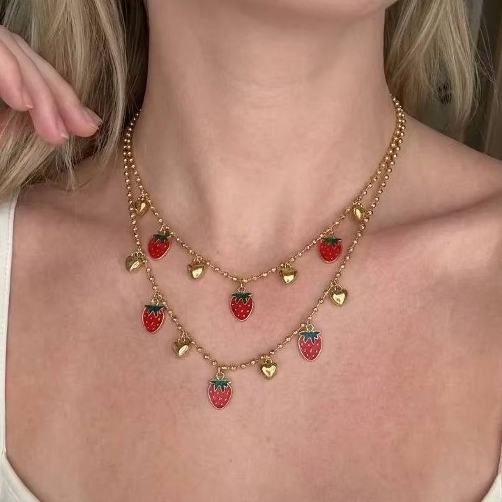 Sweet Red Cherry Strawberry He - Layered Pendant Necklace Aesthetic ulasan dan harga